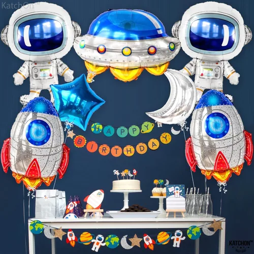 Miniatura 3 de Katchon, Juego de decoraciones de cumpleaños de gran espacio, 37 pulgadas, paquete de 7, globos de cohete, globos de astronauta para decoraciones