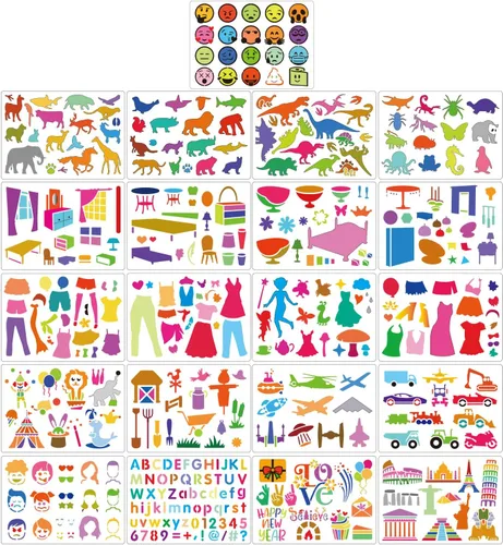 Miniatura 3 de Juego de 21 plantillas de dibujo para niños de más de 300 patrones diferentes para dibujar historias infantiles imaginativas, plantillas lavables