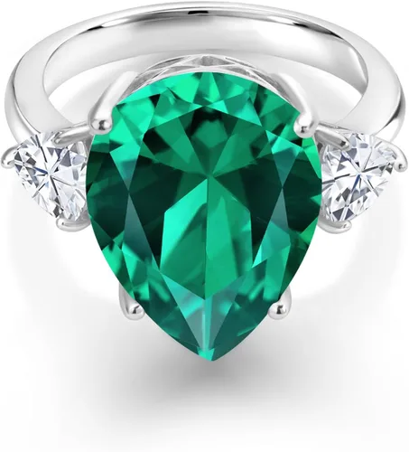 Miniatura 2 de Gem Stone King Anillo de 3 piedras de moissanita blanca y nano esmeralda verde de 9.19 quilates para mujer en plata de ley 925 Forma de pera 0.630
