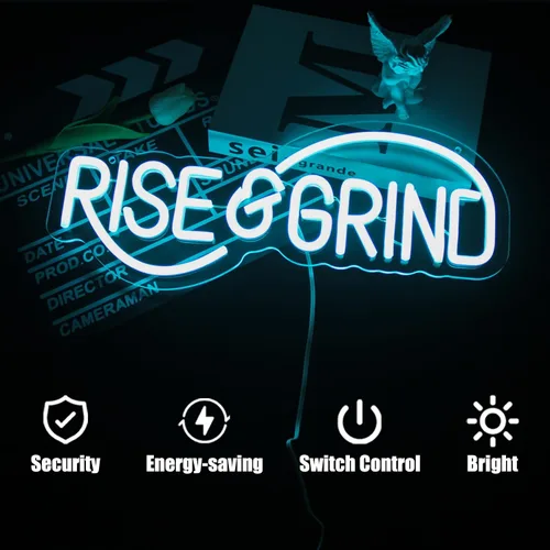 Miniatura 2 de Letrero de neón Rise & Grind Hustle, letreros de neón LED para pared, decoración motivacional, luz de neón de letra azul hielo, arte de pared