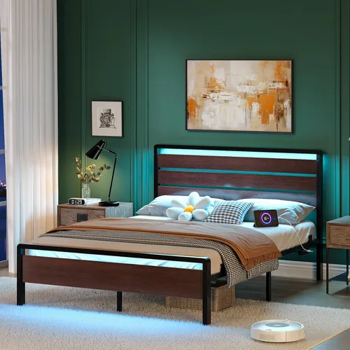 Miniatura 22 de VINGLI Base de cama de plataforma individual con cabecero y estribo LED, estación de carga USB, cama de panel de metal con espacio de almacenamiento