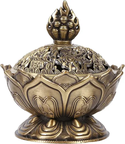 Lotus - Soporte para quemador de incienso con cono de 9 agujeros, cubierta vintage para quemador de incienso para palo y cono (bronce)