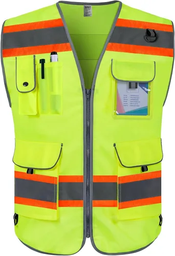 Miniatura 6 de TCCFCCT Hi Vis Chaleco de seguridad reflectante de alta visibilidad con 9 bolsillos para hombres y mujeres, chaleco de construcción con tiras