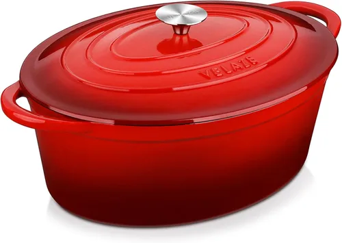 Velaze Olla de horno holandés ovalada esmaltada de 7.5 QT con tapa, horno holandés de hierro fundido con asas duales para hornear pan, cocinar, Rojo