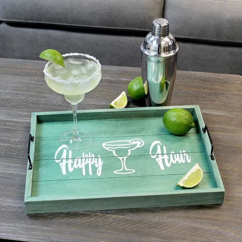 Miniatura 6 de Elegant Designs HG2000-AHH Margarita Drinks Lime Bar Kitchen Wetbar Bandeja Decorativa de Madera para Servir con Asas, 15.50" x 12", Aqua Wash Happy