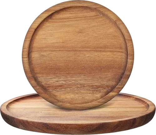 Miniatura 3 de STOBAZA Bandejas decorativas de madera de acacia para mesa auxiliar, juego de 2 bandejas redondas de madera para centro de mesa, bandeja para velas