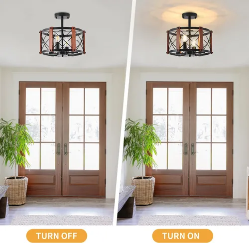 Miniatura 7 de Lámpara de techo semiempotrada rústica de 4 luces, 12.57 pulgadas, moderna, para entrada, pasillo, lámpara de cocina con tambor de madera de roble