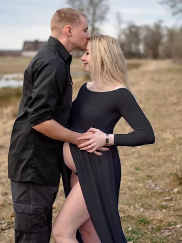 Miniatura 2 de YnimioAOX Vestido de maternidad de manga larga con hombros descubiertos para mujer, para fotografía, vestido de maternidad de gasa para sesión
