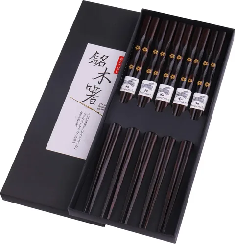 Miniatura 8 de GLAMFIELDS Palillos Reutilizables de Madera Natural Japonesa 5 Pares Estilo Clásico Ligeros Tallados a Mano Seguros Palillos 8.8 Pulgadas/22.5cm