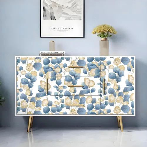 Miniatura 5 de Vinjiasin Papel tapiz bohemio para despegar y pegar, papel de contacto de hojas azules, papel tapiz floral moderno, autoadhesivo, extraíble, papel