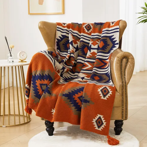 Miniatura 9 de AIVIA Manta bohemia para silla y cama, manta bohemia de punto de poliéster con rayas geométricas para todas las estaciones, manta tejida para sofá