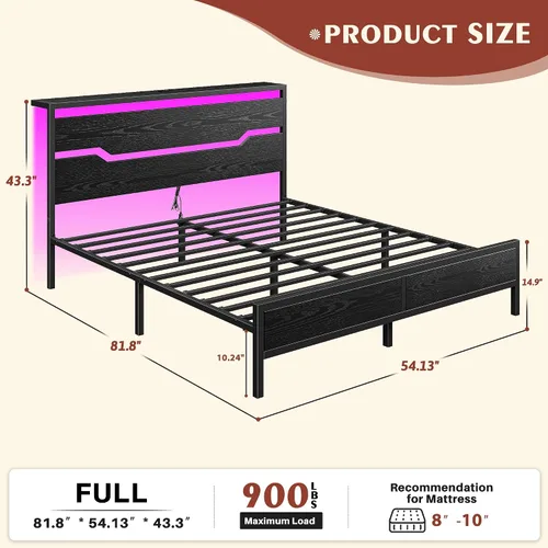 Miniatura 2 de Homkdom - Estructura de cama tamaño matrimonial con luces LED y estación de carga, estructura de cama completa con cabecero de almacenamiento, 13