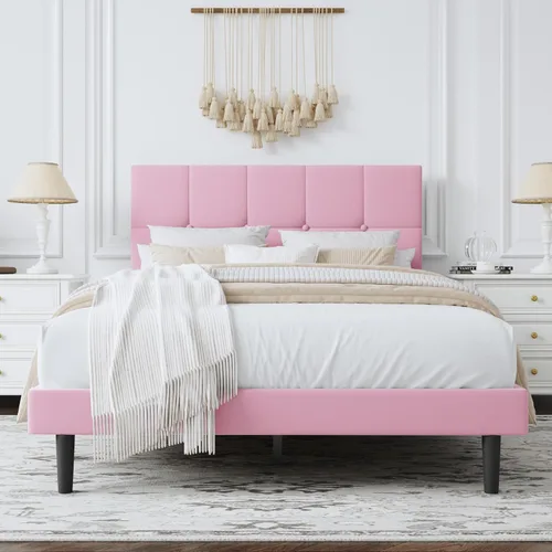 Miniatura 9 de Marco de Cama Tamaño Twin con Cabecera Capitonada Ajustable – Cama de Plataforma Tapizada en Terciopelo, Marco Resistente y Listones, No Necesita