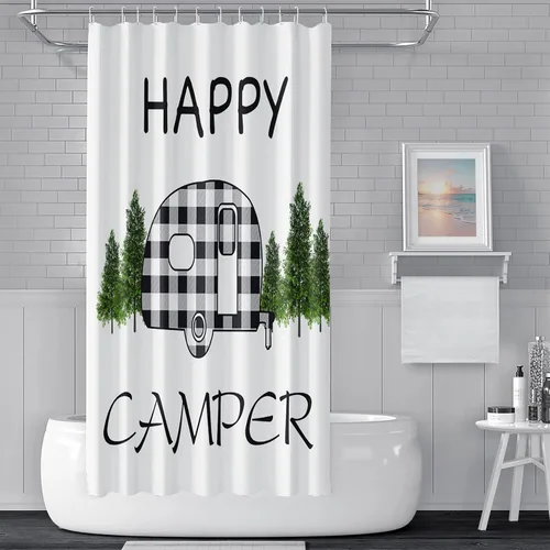 Miniatura 31 de Cortina de ducha Happy Camper de 48 x 72 pulgadas, diseño de caricaturas, remolque, hoguera, aventura al aire libre, cortina de baño para decoración