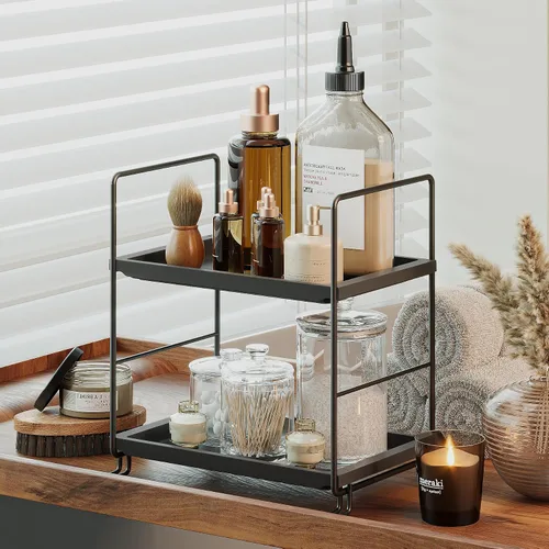 Miniatura 3 de NLBTW Organizador de encimera de baño de 2 niveles, de plástico grueso, organizador de perfumes para el cuidado de la piel para tocador, instalación
