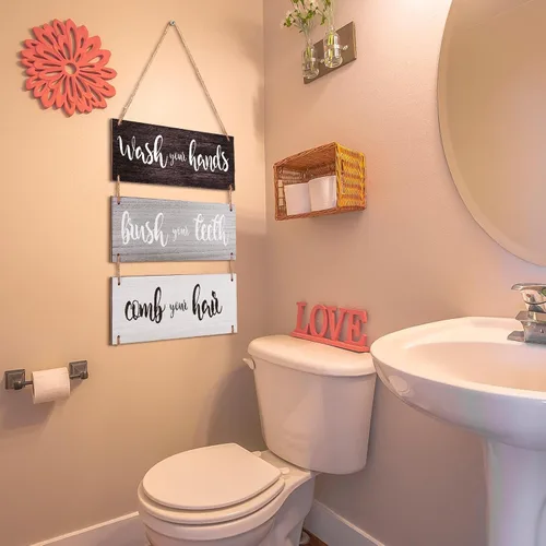 Miniatura 2 de Jetec Decoración de pared para el baño, cartel de reglas de baño, arte de pared, cartel familiar para colgar, cartel de madera divertido, decoración