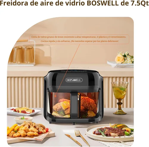 Miniatura 3 de Freidora de Aire de Vidrio BOSWELL, 7.5 Quarts con Cuenco Transparente, Calefacción Circulante, Control de Temperatura, Freidora de Asar al Aire