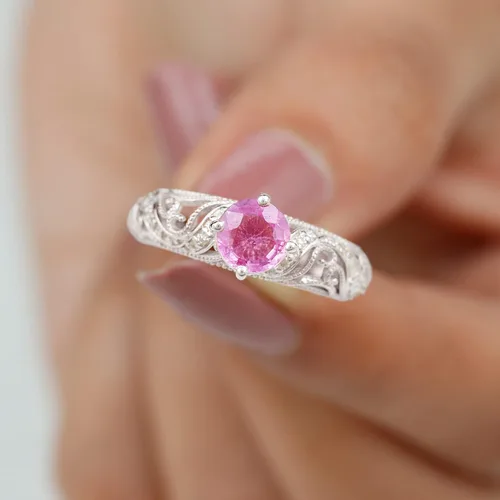Miniatura 3 de Anillo de compromiso redondo de zafiro rosa cultivado en laboratorio certificado con diamante Calidad AAAA Anillo de estilo vintage para mujer