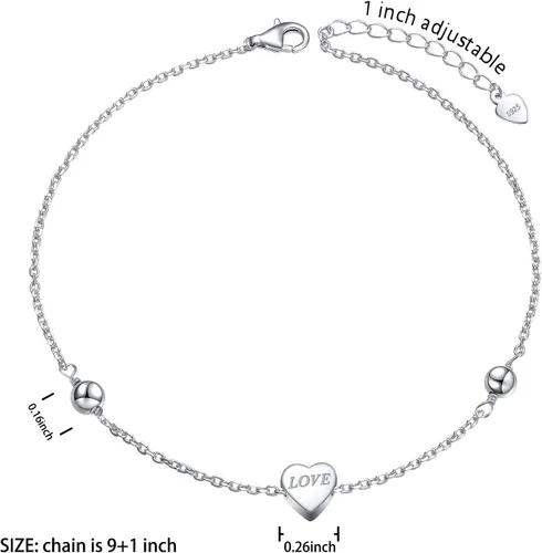 Miniatura 4 de Ladytree Tobillera para mujer de plata de ley 925 ajustable con cuentas de corazón y circonita cúbica