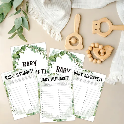 Miniatura 4 de Greenery - Tarjetas de juego de eucalipto para baby shower, suministros de fiesta de revelación de género de la selva tropical, diseño neutro