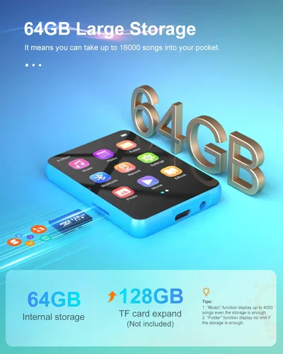 Miniatura 2 de Reproductor MP3 de 64 GB con pantalla táctil completa de 2.4", reproductor de música con Bluetooth 5.3, reproductor de música portátil con calidad