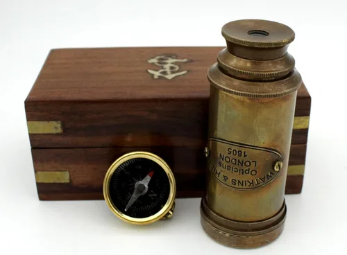 Miniatura 9 de Telescopio de cristal espía de latón náutico con caja de madera, telescopio decorativo monocular plegable pirata con óptica de vidrio para regalo