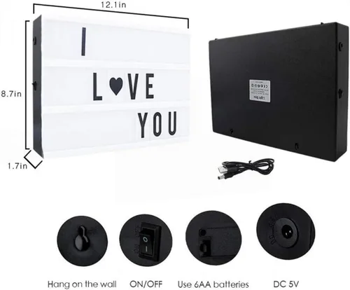 Miniatura 5 de anso Caja de luz de cine A4 portátil USB LED Caja de letras 96pcs caracteres símbolos regalo (negro)