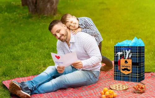 Miniatura 4 de WaaHome Bolsa de regalo para el día del padre para papá, con papel de seda y asa, 13 x 10.5 x 5.8 pulgadas, bolsa de regalo grande azul para el día