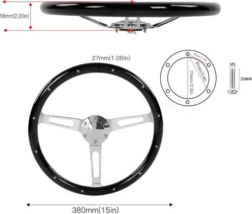 Miniatura 7 de Volante clásico, volante universal de grano de madera de 14.961 in/15 pulgadas, agarre de nogal con 3 radios remachados 6 agujeros, modificación