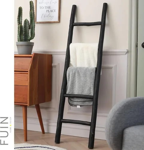 Miniatura 2 de FUIN Escalera de madera de 57 pulgadas, totalmente montada, para sala de estar, soporte decorativo de pared inclinado de granja, soporte de Marrón