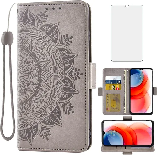 Asuwish Funda tipo cartera compatible con Moto G Play 2021, protector de pantalla de vidrio templado, tarjetero con correa de muñeca, soporte para