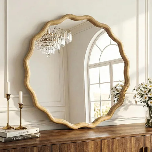 Espejo de baño para pared, 24 pulgadas, redondo, bohemio, ondulado, de madera, espejo decorativo grande de cuerpo entero con vidrio templado, espejo