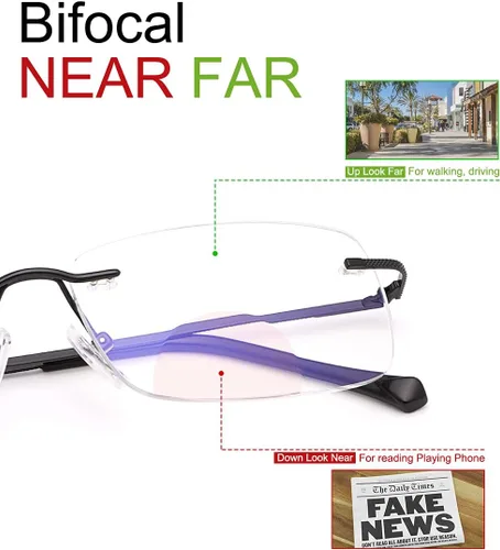Miniatura 6 de K.LAVER Anteojos de lectura bifocales sin montura de transición, fotocromáticos, protección UV400, lentes de titanio para hombres