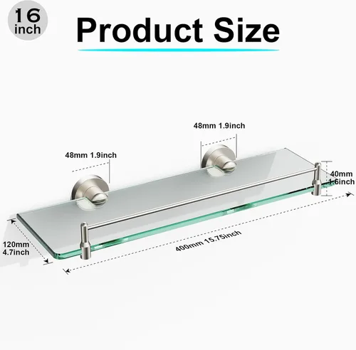 Miniatura 3 de Estantes de baño de vidrio, estantes flotantes de níquel cepillado para pared, rectangular, moderno, estante de vidrio de acero inoxidable