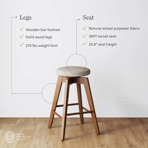 Miniatura 4 de Nathan James Amalia Taburete de bar de altura de encimera de cocina sin espalda, madera maciza con asiento giratorio de 360 grados, café Marrón