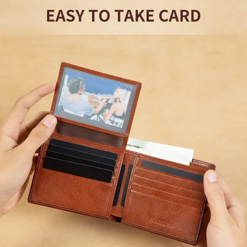 Miniatura 3 de Cartera de piel auténtica para hombre, con bloqueo RFID, plegable, elegante, con 2 ventanas de identificación, Marrón, Minimalista