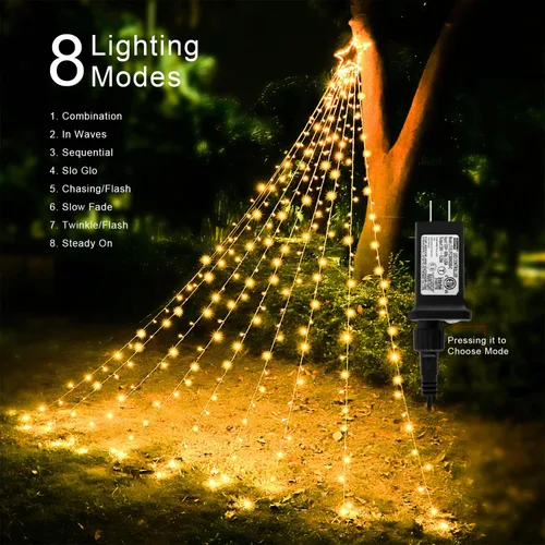 Miniatura 5 de Luces de Cadena de Estrella de Navidad, 320 Luces LED de Cascada para Árbol con Estrella Superior de 13", 8 Modos de Iluminación para Interiores
