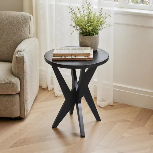 Miniatura 6 de Ahokua Mesa auxiliar redonda negra moderna, mesa auxiliar decorativa de mediados de siglo con parte superior de MDF y patas cruzadas para sala