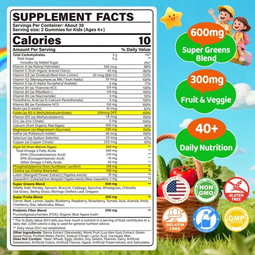 Miniatura 2 de Gomitas Super Greens para niños, con multivitaminas, más de 20 frutas vegetales, prebióticos, calcio, omega-3 (DHA/EPA), gomitas de superalimentos