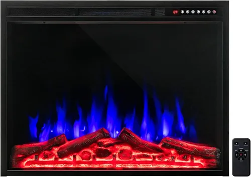 COSTWAY Chimenea eléctrica de 34 pulgadas, calentador de chimenea empotrado y montado en la pared con 4 colores de llama y tronco, velocidad de