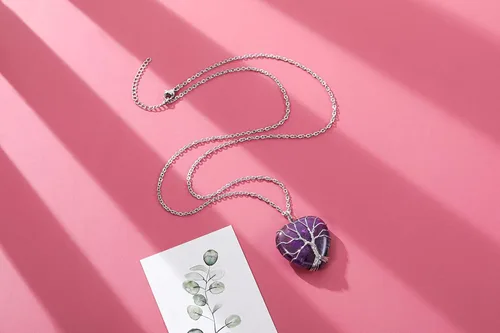 Miniatura 4 de Top Plaza - Collar de cuarzo rosa natural curativo con árbol de la vida envuelto en alambre de plata con forma de corazón colgante para mujeres