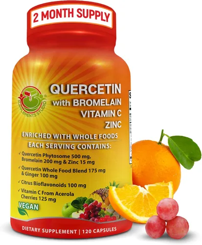 Miniatura 8 de Quercetina con bromelina, vitamina C y zinc enriquecida con alimentos integrales orgánicos - 1215 mg por porción - Cápsulas de quercetina fitosoma