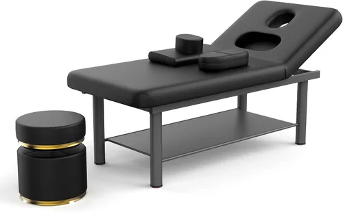 Miniatura 10 de Mesa de masaje estacionaria profesional con respaldo ajustable, piel sintética, reposacabezas extraíble, marco de metal, cama de spa de alta Negro