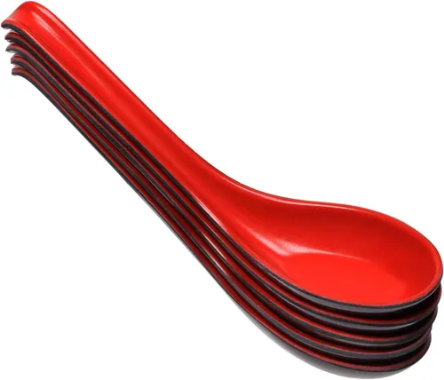 Mini Skater Juego de 5 cucharas de sopa de fideos ramen con mango largo, color rojo y negro, cucharas grandes vintage para restaurantes, hogar,