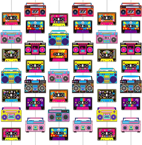 Miniatura 9 de Guirnalda de cinta de casete y caja de pluma, 6 unidades de decoraciones de fiesta de los años 80, cinta de casete de radio retro, guirnalda