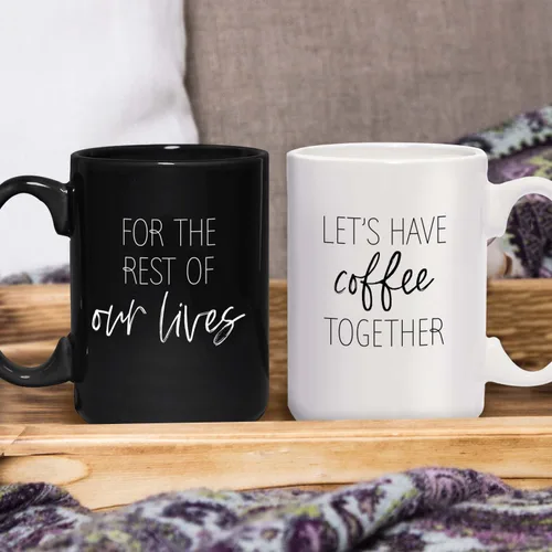Miniatura 4 de Let's Have Coffee Together For The Rest Of Our Lives - Tazas a juego / 2 tazas de cerámica grandes de 15 onzas de color blanco y negro / juego