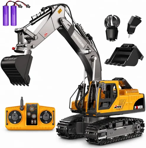 Juguetes de excavadora con control remoto, 3 en 1 con cubeta de metal/garra/taladro, gira 680° - Juguetes de construcción con luces/2 baterías