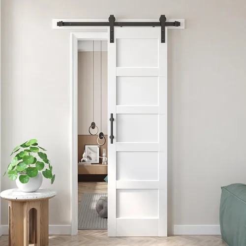 Fredbeck puerta de granero blanca de 24x84 pulgadas con kit de herrajes para puerta corredera de 4 pies incluido y manija, MDF, superficie de PVC