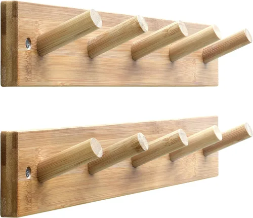 Miniatura 8 de SKOLOO Perchero de Pared de Bambú Montado en la Pared, 16 Pulgadas de Agujero a Agujero, 5 Clavos de Bambú para Pared para Colgar Ropas, Batas