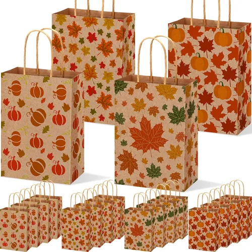Yeaqee 48 bolsas de regalo de Acción de Gracias, hojas de arce a granel, bolsas de regalo de papel kraft con asa, recuerdos de fiesta de otoño para